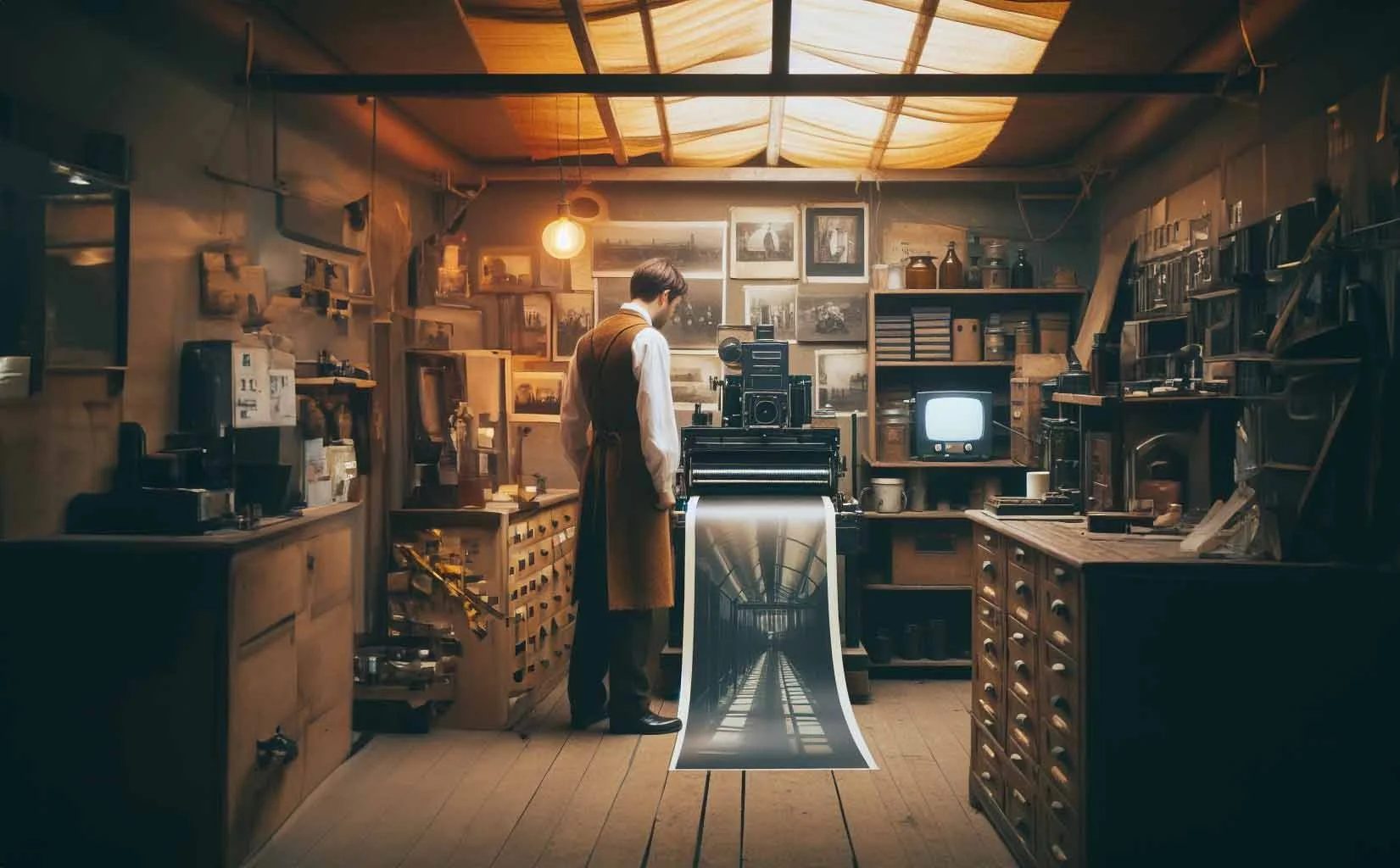 AI-generated scene of a vintage photo lab with a person, old cameras and a long paper print emerging from a machine.