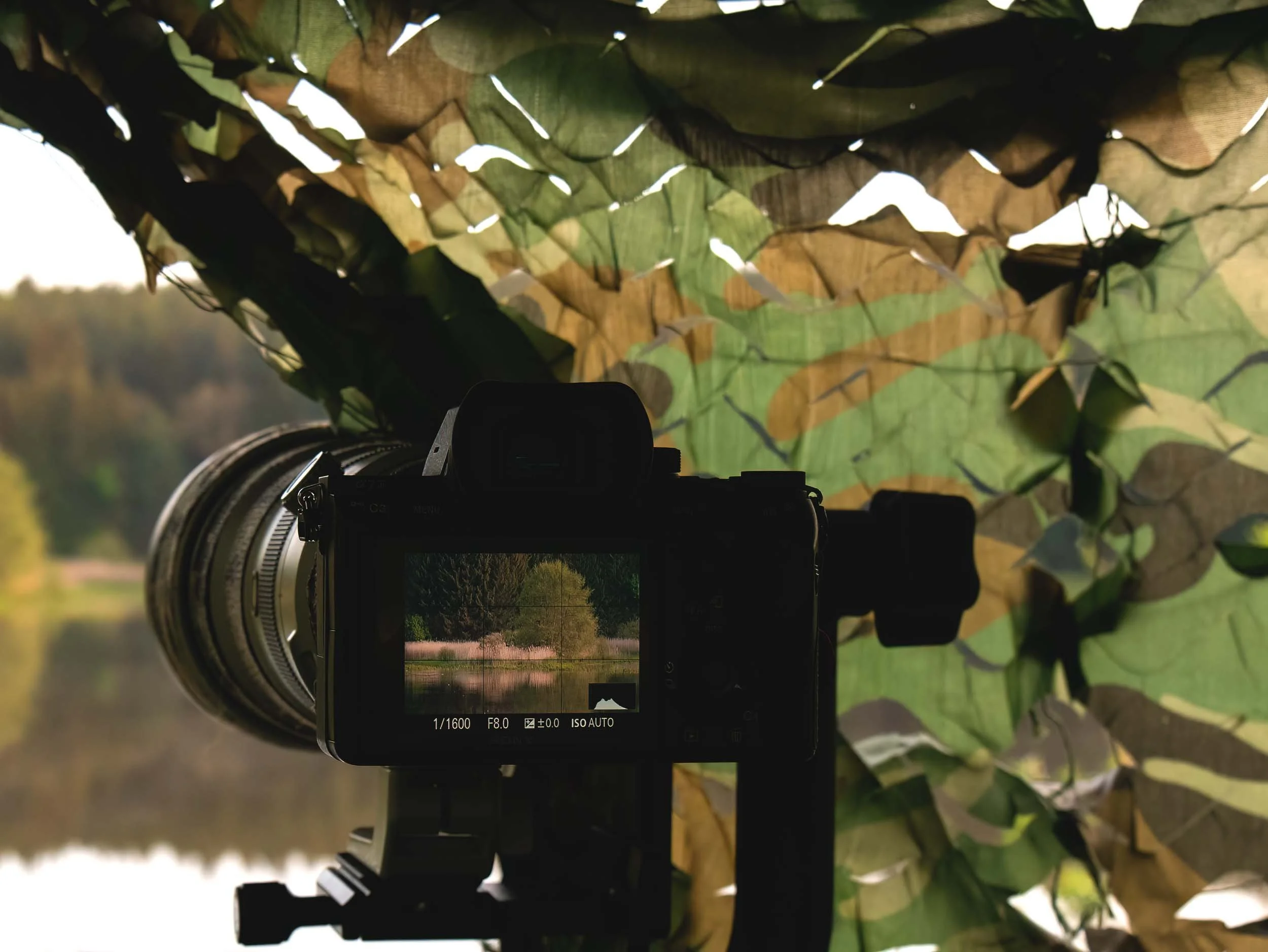 Camera on a tripod in a photo hide with camouflage