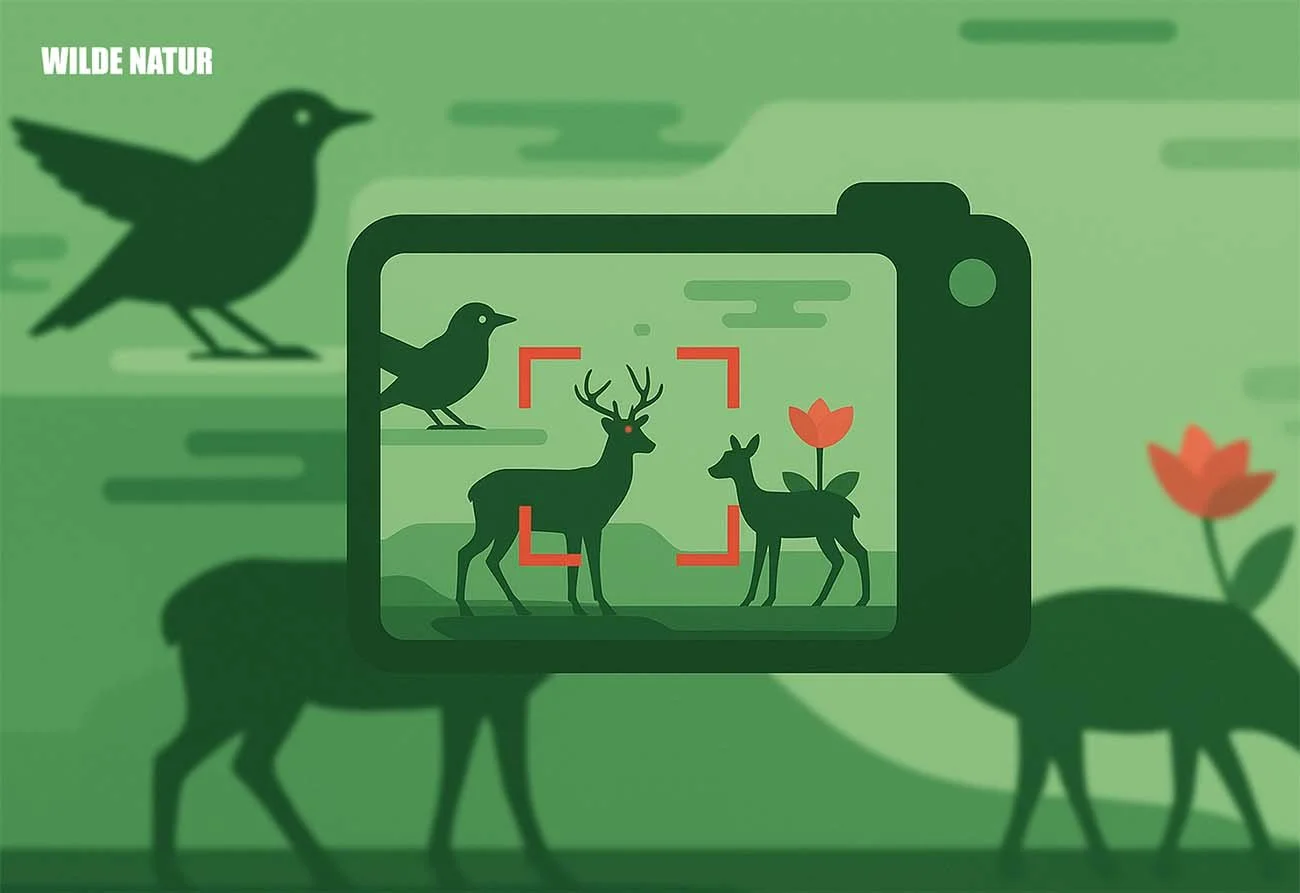 Illustration of AF subject recognition showing a camera view focusing on wildlife and nature in the background