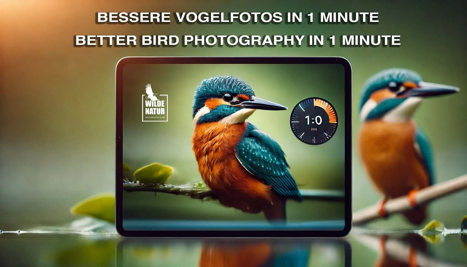 Close-up of a kingfisher on a tablet screen, promoted with the slogan