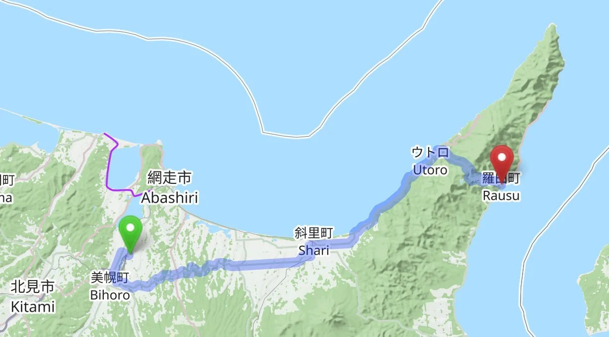 Map of eastern Hokkaido with marked route from Memanbetsu via Shari to Rausu