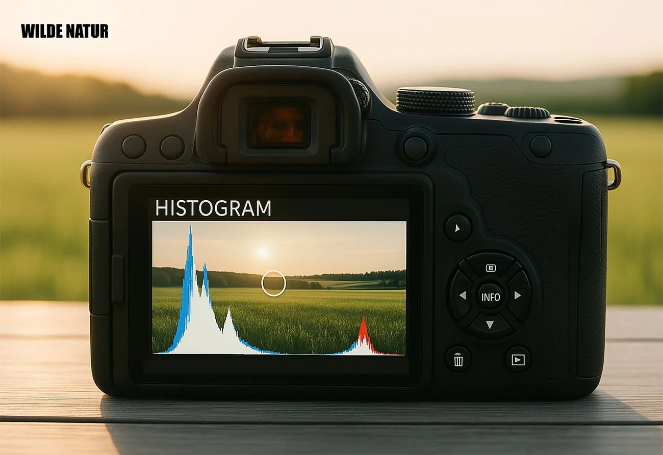 Retro di una fotocamera con l'istogramma sopra una foto di paesaggio sul display, picchi blu a sinistra e un picco rosso a destra.