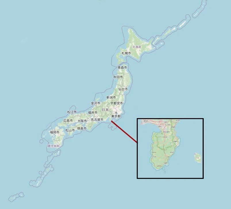 Map of Japan with a red-marked detail view of the Izu Peninsula southwest of Tokyo, OpenStreetMap graphic.