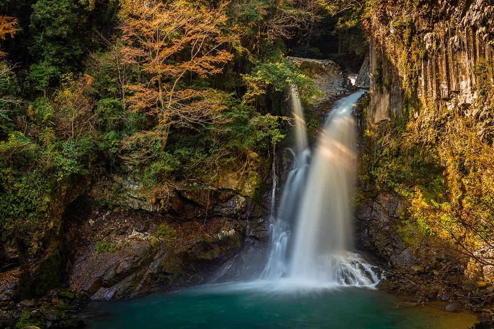 Odaru waterfall falling silkily over dark rock into a turquoise pool, with basalt columns and autumn foliage, Izu, Japan.