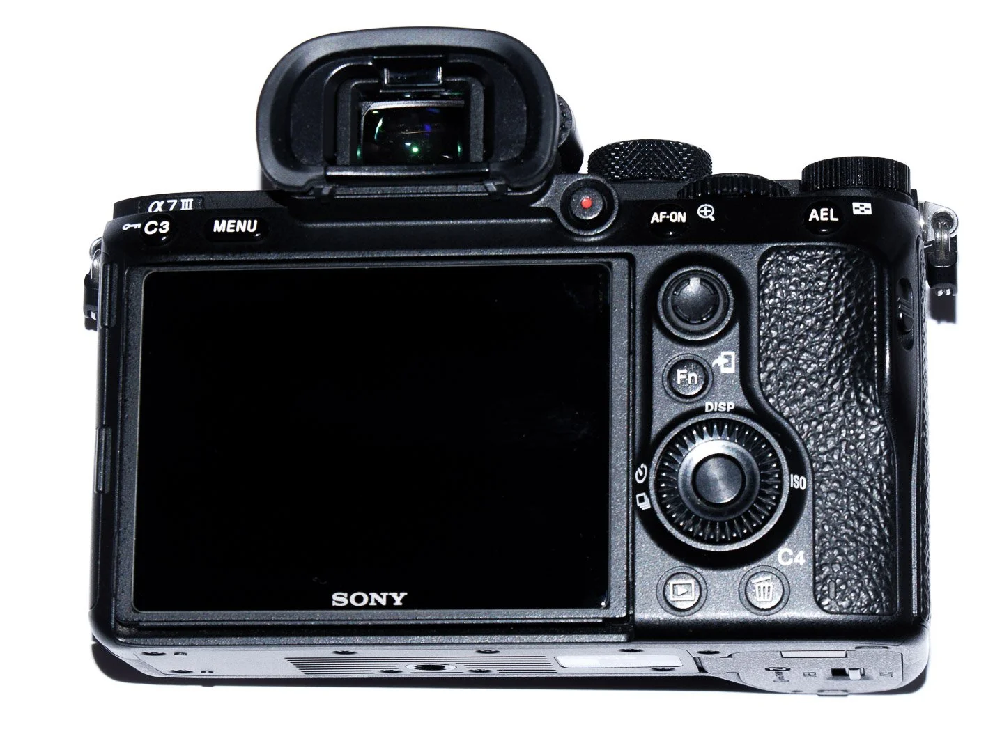 Rear view of the Sony α7 III with viewfinder, tilting screen and control buttons.