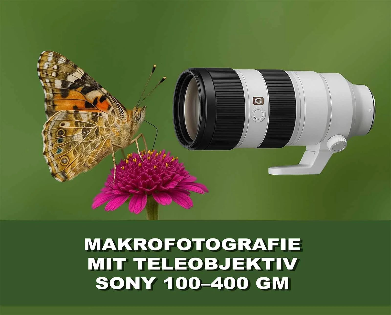 Grafica promozionale sulla macrofotografia con il teleobiettivo Sony 100–400 mm GM e illustrazione di una farfalla.