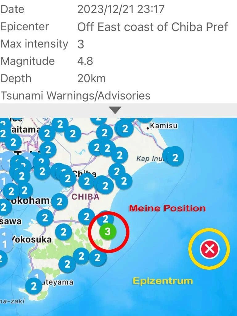Screenshot of an earthquake alert app showing an intensity map and location marker near Chiba, Japan.