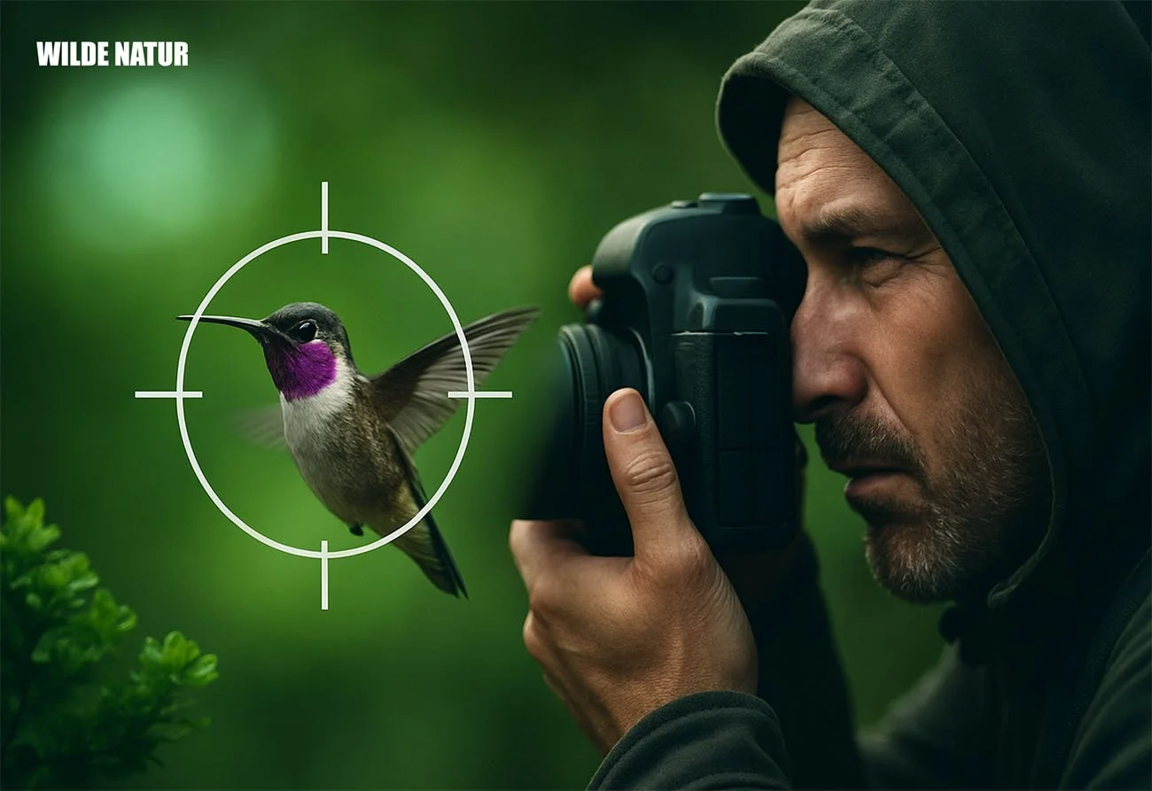 Illustration d'un photographe qui vise un colibri en vol, avec un symbole de cercle de visée.