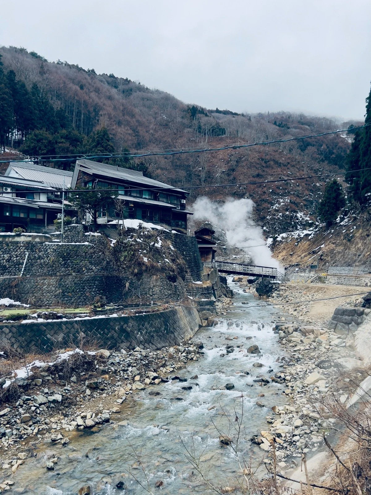 Traditional Japanese ryokan in a snowy valley with hot-spring steam rising in the background.