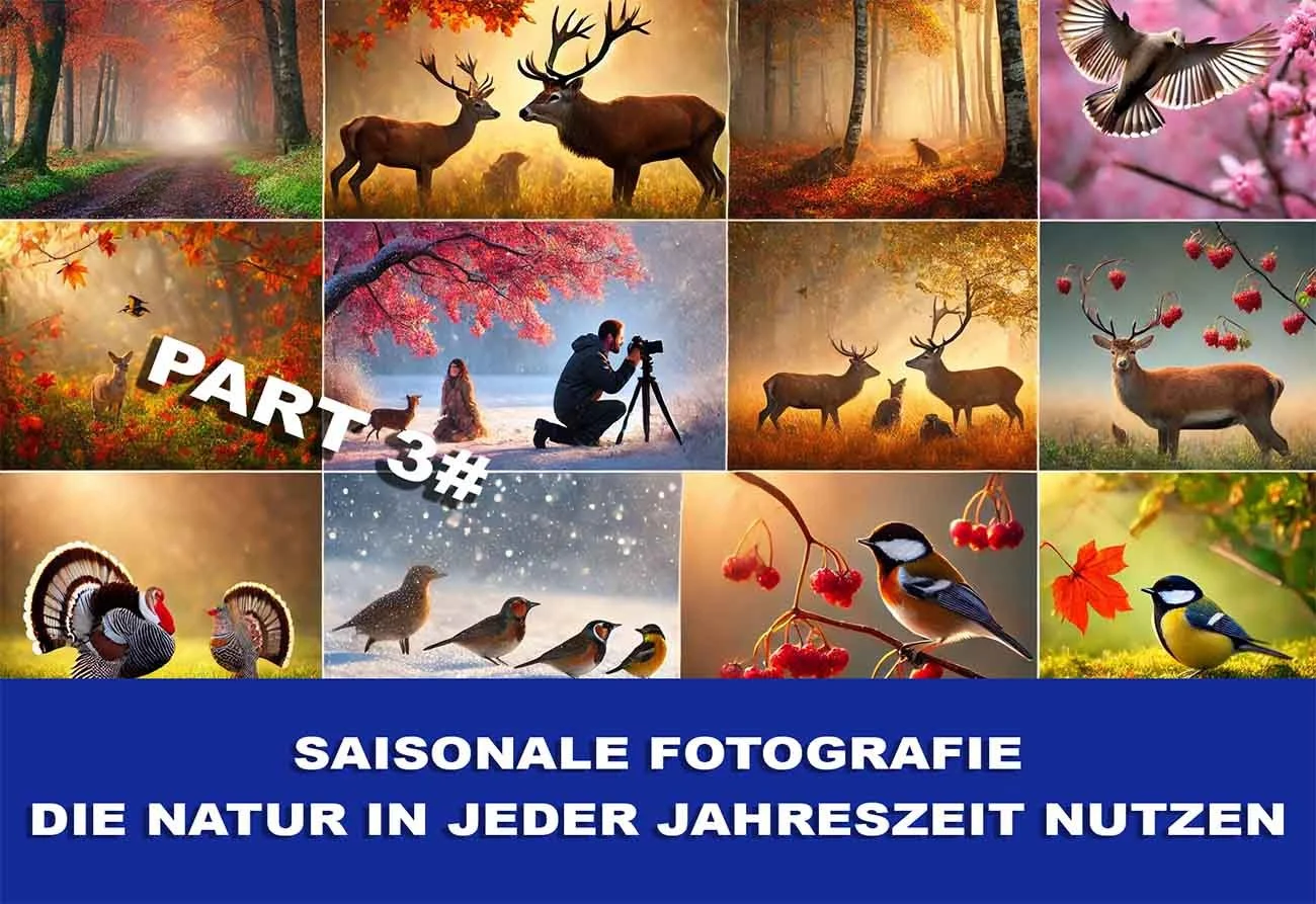 Fotografia stagionale: natura e animali in tutte le stagioni, tra cui autunno, inverno e primavera, con cervi, uccelli e fotografi nel bosco