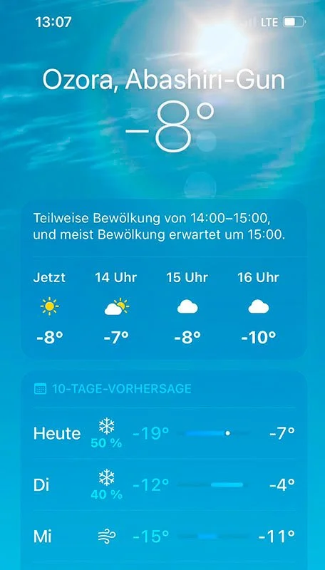 Capture d’écran d’une application météo indiquant -8 degrés à Ozora, Hokkaido, janvier 2023.